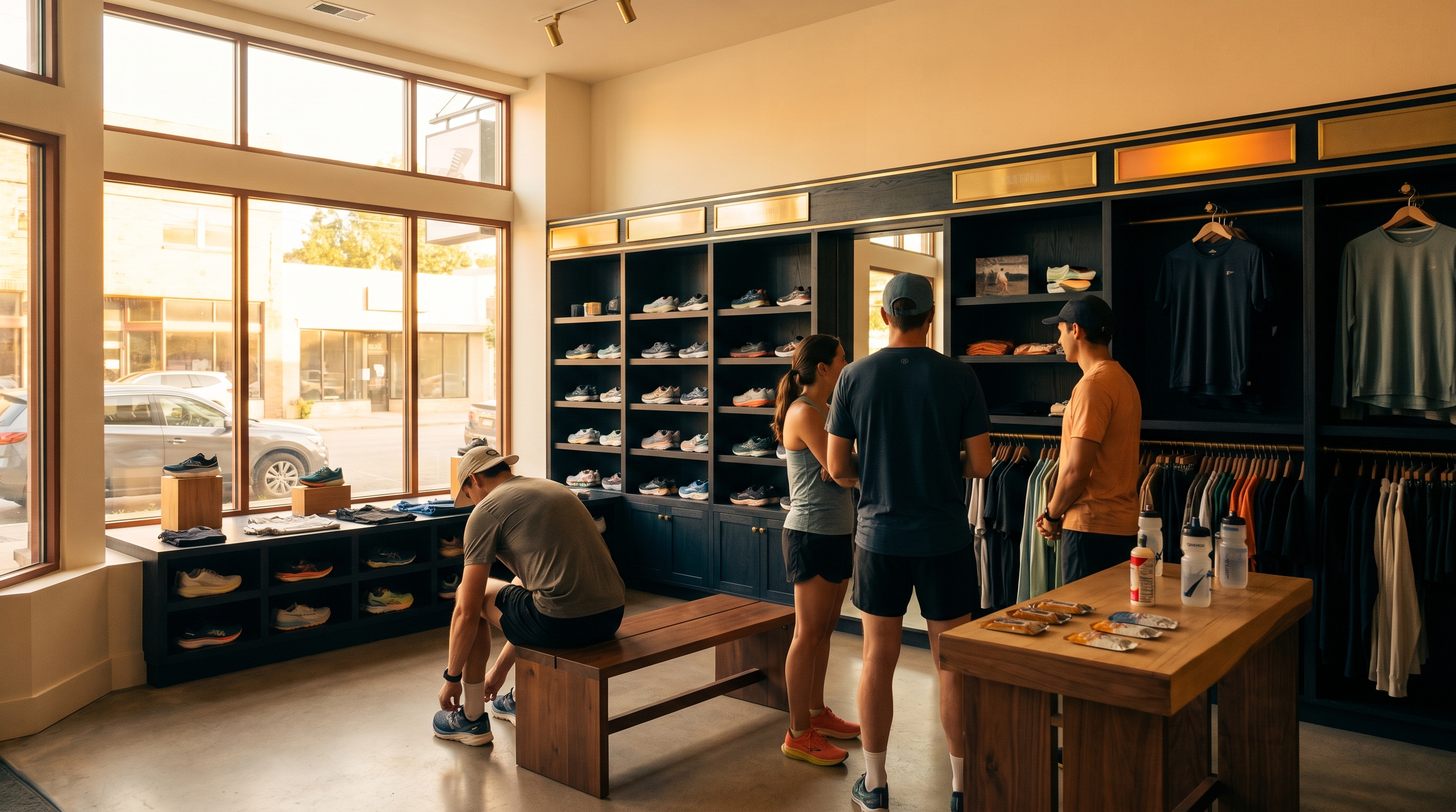 Specialty running store interior at golden hour with shoe shelving, fitting bench, and runners chatting near a hydration table.